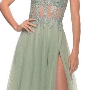 La Femme Mint Green Lace Prom Dress